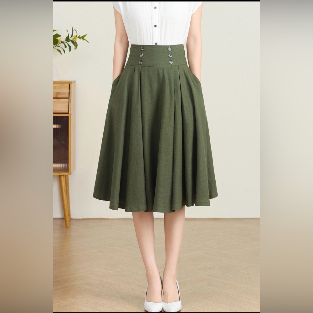 Like New High waisted linen midi skirt, Green pleated swing skirt with pockets